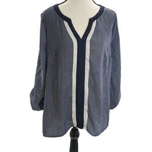 Skies Are Blue Womens L Navy Gingham Blouse V Neck Long Sleeve Tunic Top